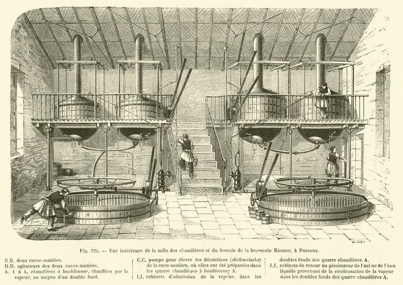 Vnitřní pohled na kotelnu a pivovar pivovaru Riester, v Puteaux (rytina) od French School