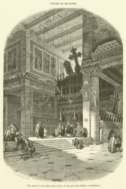 Vnitřní pohled na kostel Panny Marie, založený Svatou Helenou, v Betlémě (rytina) od French School