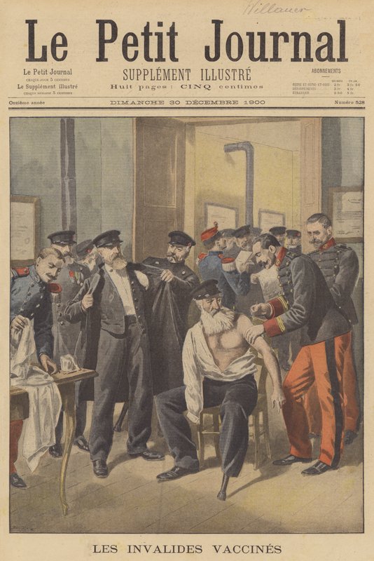 Váleční veteráni, kteří dostávají očkování proti neštovicím (barevné litho) od French School