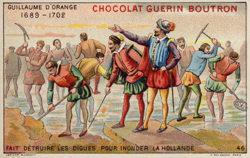 Vilém Oranžský ničí hráze, aby umožnil zaplavení Holandska (chromolitho) od French School