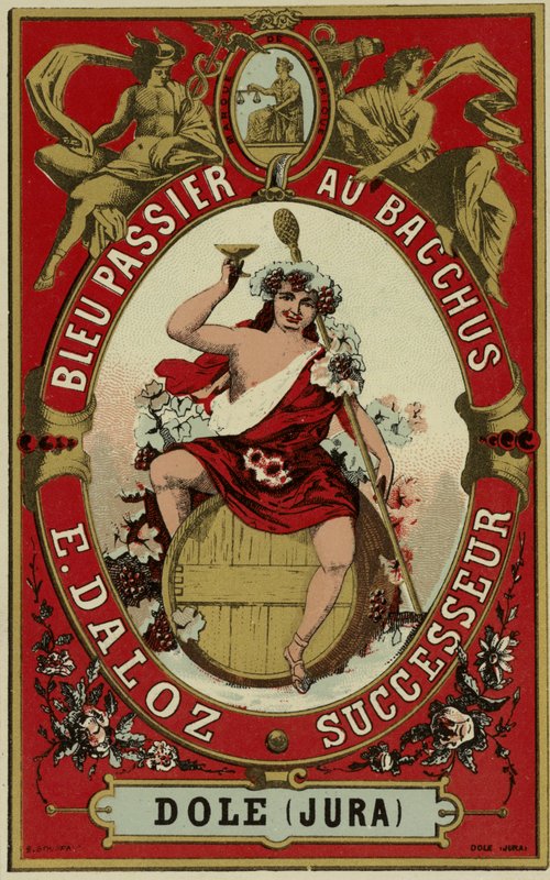 Etiketa na víno zobrazující Baccha od French School