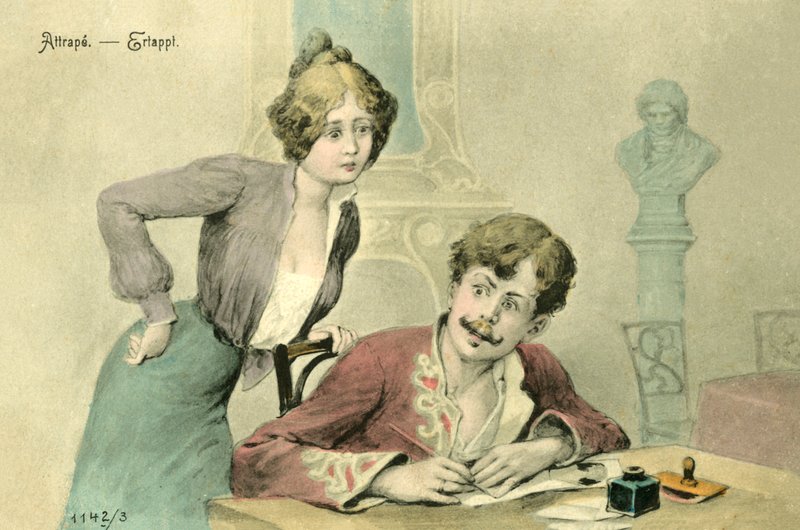 Žena chytá muže při psaní dopisu (barevná litografie) od French School