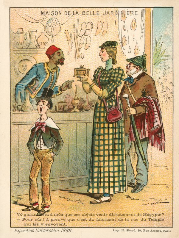 Žena zkoumající egyptské předměty, výstava Universelle 1889, Paříž (chromolitho) od French School