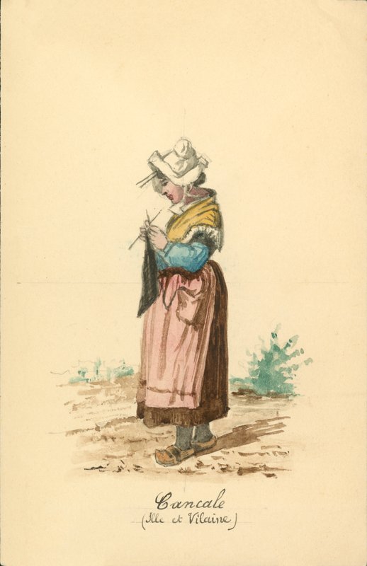 Ženský kroj z Cancale, Ille-et-Vilaine (barevná litografie) od French School