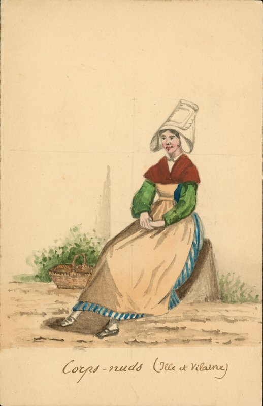 Dámský kroj z Corps-Nuds, Ille-et-Vilaine (barevná litografie) od French School