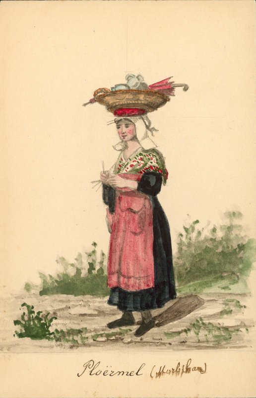 Ženský kroj z Ploermela, Morbihan (barevná litografie) od French School