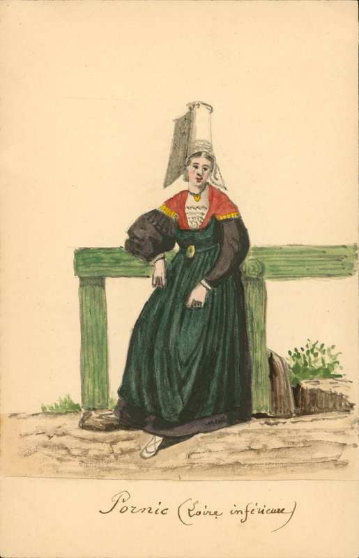 Dámský kroj z Pornicu, Loire-Inferieure (barevná litografie) od French School
