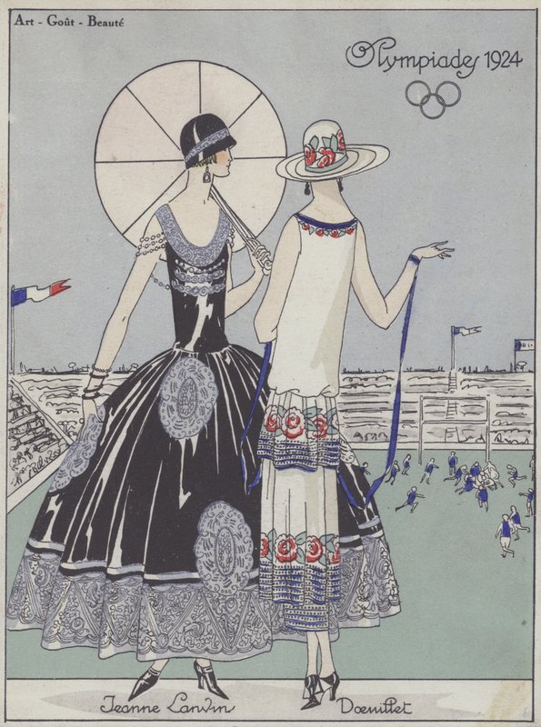 Dámská móda na olympijských hrách 1924 od návrhářů Jeanne Lanvin a Georgese Doeuilleta (barevná litografie) od French School