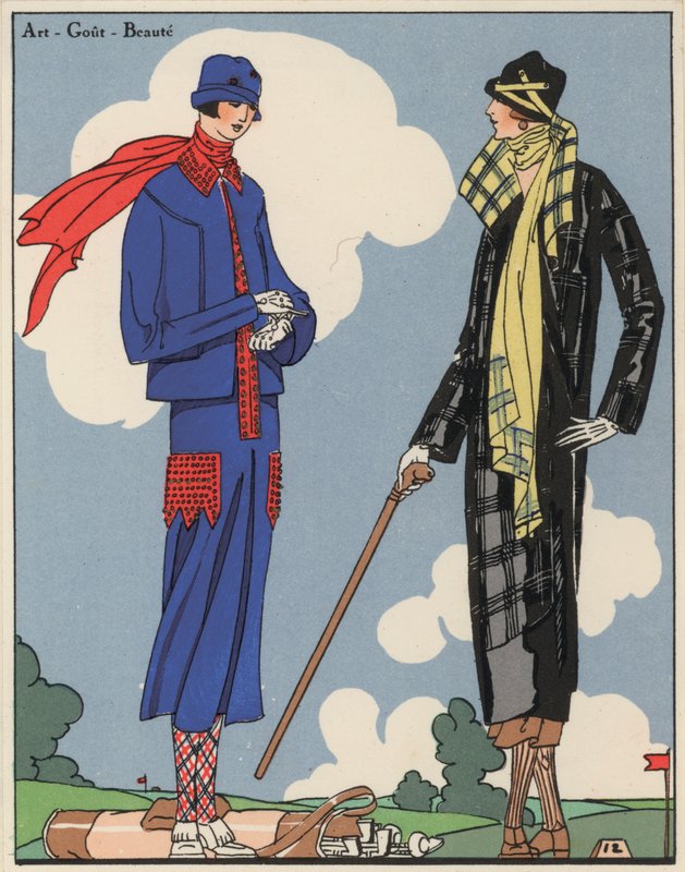 Dámská golfová móda z 20. let 20. století od návrhářů Martial a Armand a Christopha Drecolla. (barevná litografie) od French School