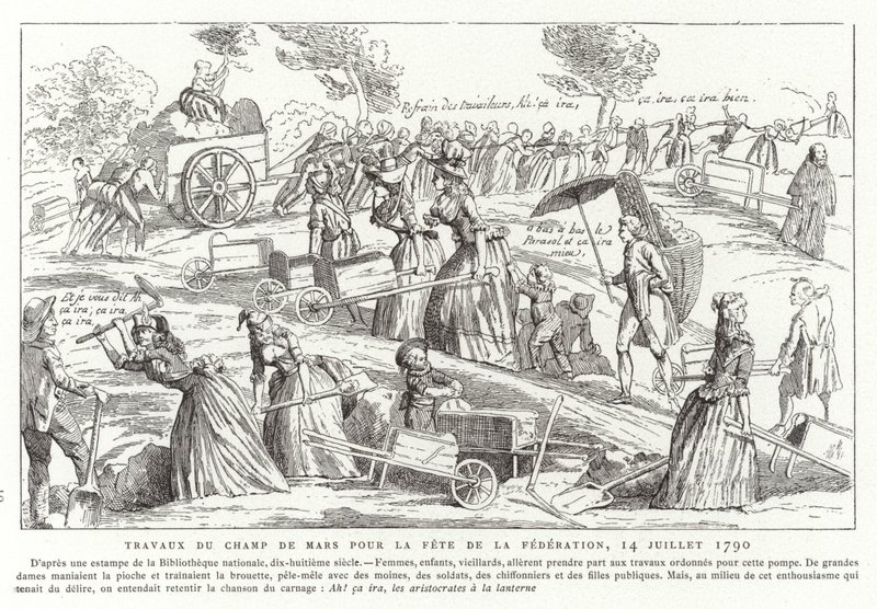 Práce na Champ de Mars v rámci přípravy na Fete de la Federation, Paříž, Francouzská revoluce, 14. července 1790 od French School