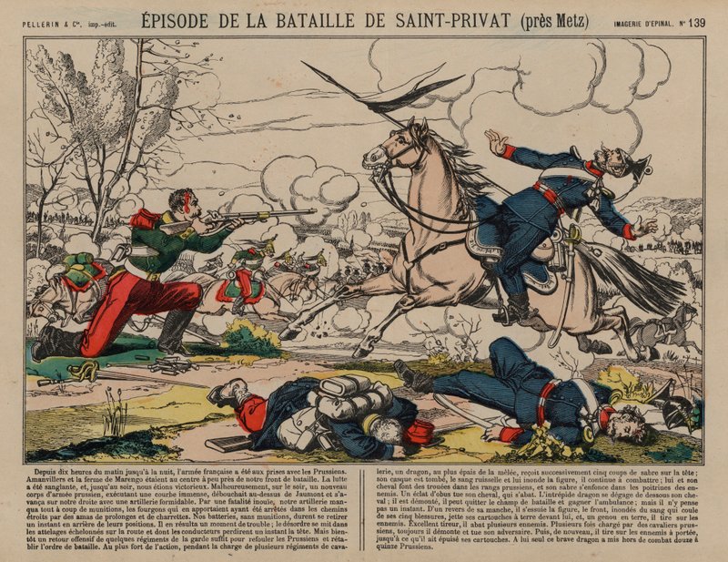 Zraněný francouzský dragoun střílející na pruského kopiníka v bitvě u Saint-Privat, francouzsko-pruská válka od French School