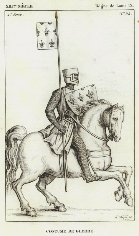 XIII. století, vláda Ludvíka IX., válečný kostým (rytina) od French School