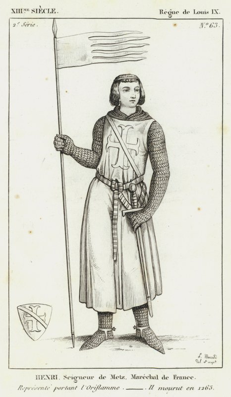 XIII století, vláda Ludvíka IX., Henri, pán z Met, maršál Francie, zastoupený v Oriflamme, zemřel v roce 1265 (rytina) od French School