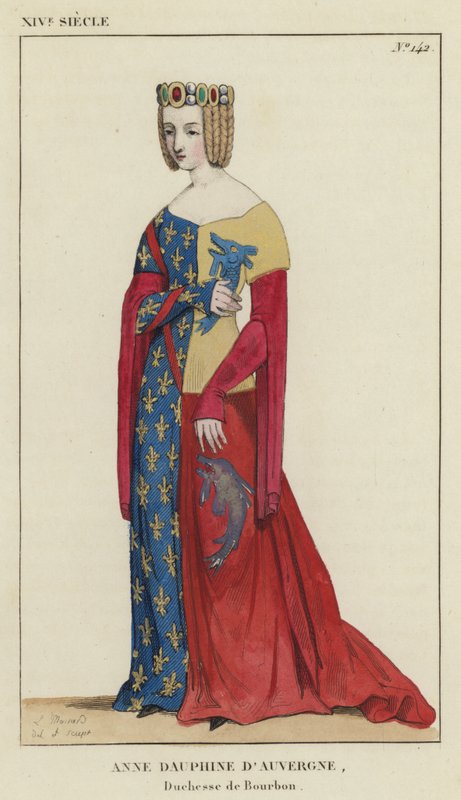 XIV století, Anne Dauphine z Auvergne, vévodkyně z Bourbonu (barevná rytina) od French School