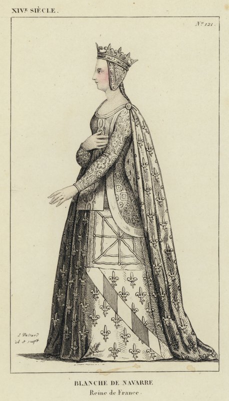 XIV století, Blanche Navarrská, královna Francie (barevná rytina) od French School