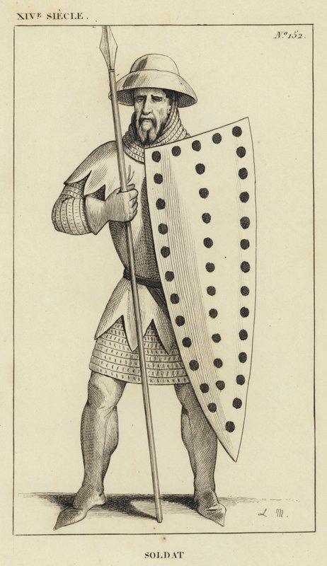 XIV století, voják (rytina) od French School