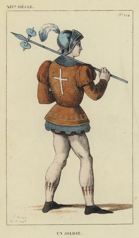 XIV století, voják (barevná rytina) od French School