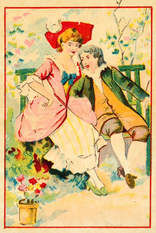 Mladý pár na lavičce v zahradě (chromolitho) od French School