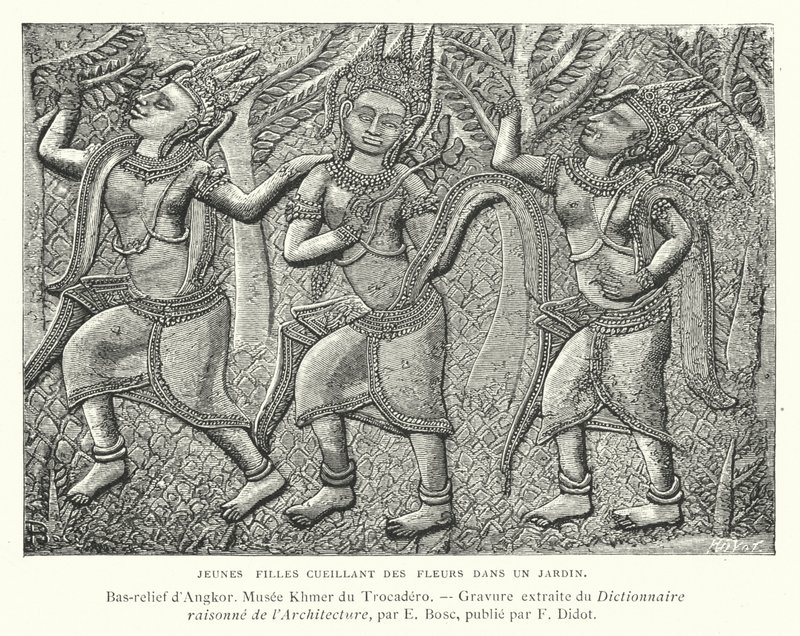 Mladé dívky sbírající květiny v zahradě, basreliéf z Angkoru, Kambodža (rytina) od French School