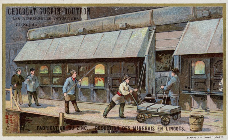 Výroba zinku. Redukce rudy na ingoty (chromolitho) od French School
