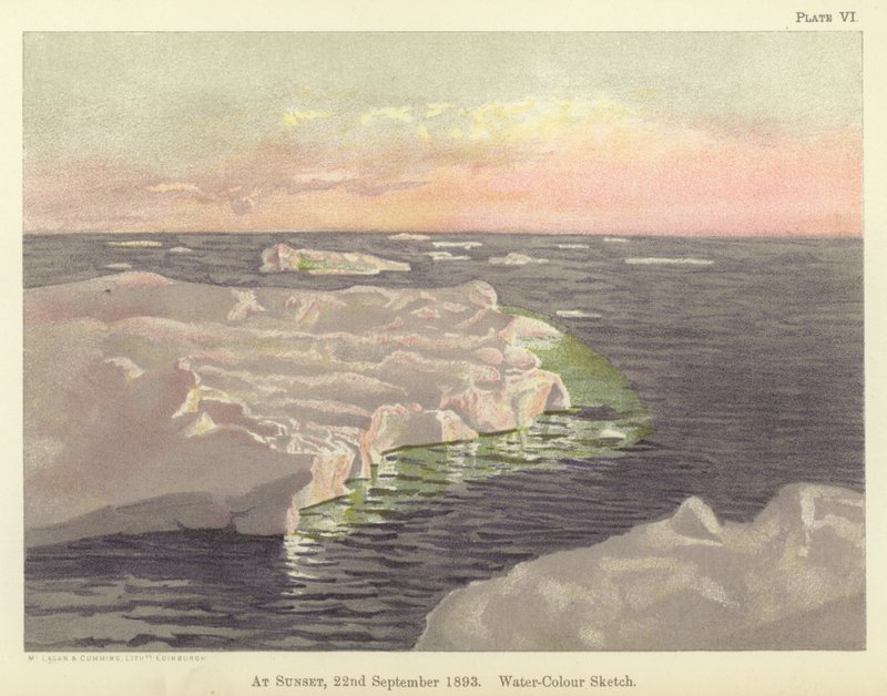 Při západu slunce, 22. září 1893, akvarelová skica (barevné lito) od Fridtjof Nansen