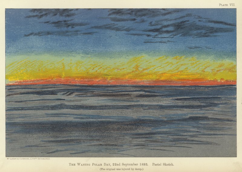 Ubývající polární den, 22. září 1893, pastelová skica (barva lito) od Fridtjof Nansen