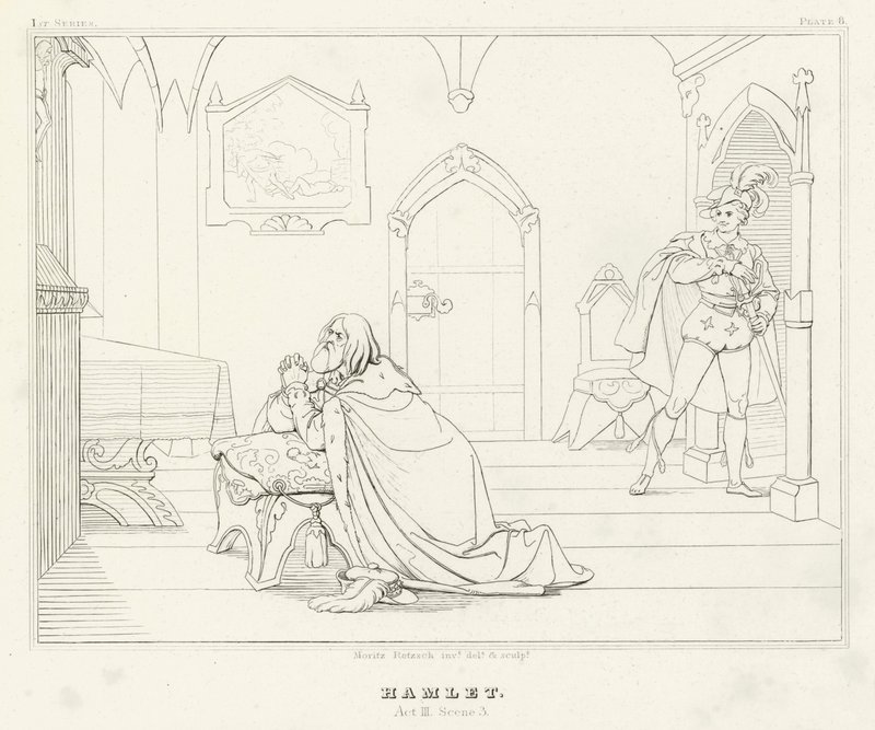 Hamlet, dějství III, scéna 3 (rytina) od Friedrich August Moritz Retzsch