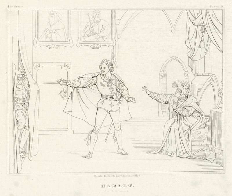 Hamlet, dějství III, scéna 4 (rytina) od Friedrich August Moritz Retzsch