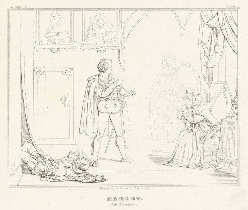 Hamlet, dějství III, scéna 4 (rytina) od Friedrich August Moritz Retzsch
