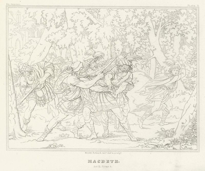 Macbeth, dějství III, scéna 3 (rytina) od Friedrich August Moritz Retzsch