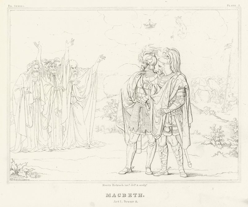 Macbeth, dějství I, scéna 3 (rytina) od Friedrich August Moritz Retzsch