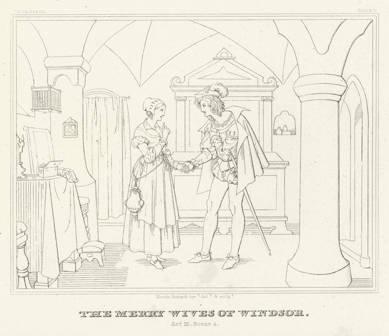 The Merry Wives of Windsor, Act III, Scéna 4 (rytina) od Friedrich August Moritz Retzsch