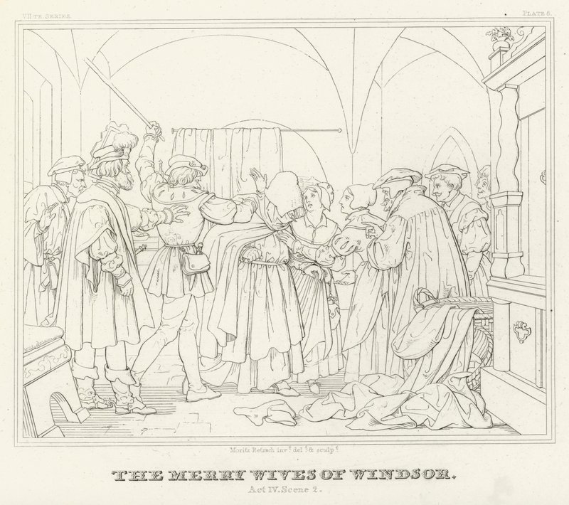 The Merry Wives of Windsor, Act IV, Scéna 2 (rytina) od Friedrich August Moritz Retzsch