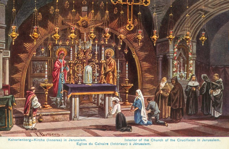 Oltář Ukřižování, Chrám Božího hrobu, Jeruzalém (barevná litografie) od Friedrich Perlberg