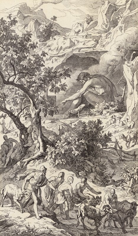 Odysseus prochází Polyfémovou jeskyní (rytina) od Friedrich the Elder Preller