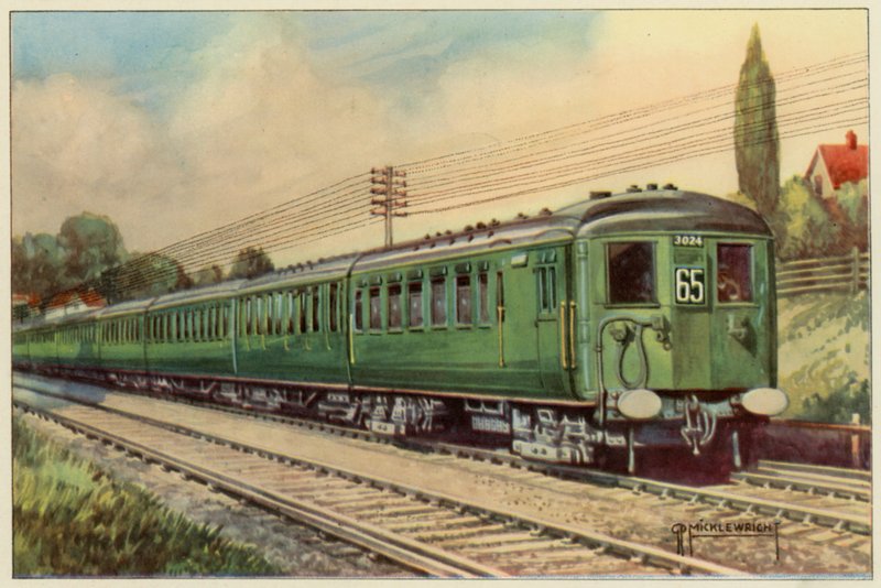Jižní železnice, elektrický expres z London Bridge do Eastbourne (barevné lito) od G.P. Micklewright