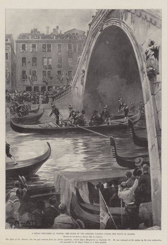 Královský průzkumník v Benátkách, vévoda z Abruzzi procházející pod Ponte di Rialto od G.S. Amato