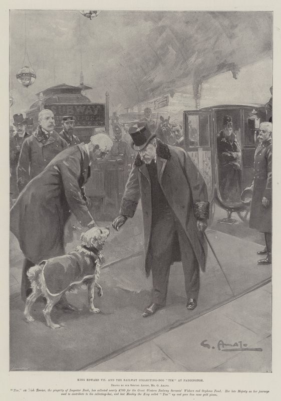 Král Edward VII a železniční sběratelský pes Tim v Paddingtonu od G.S. Amato