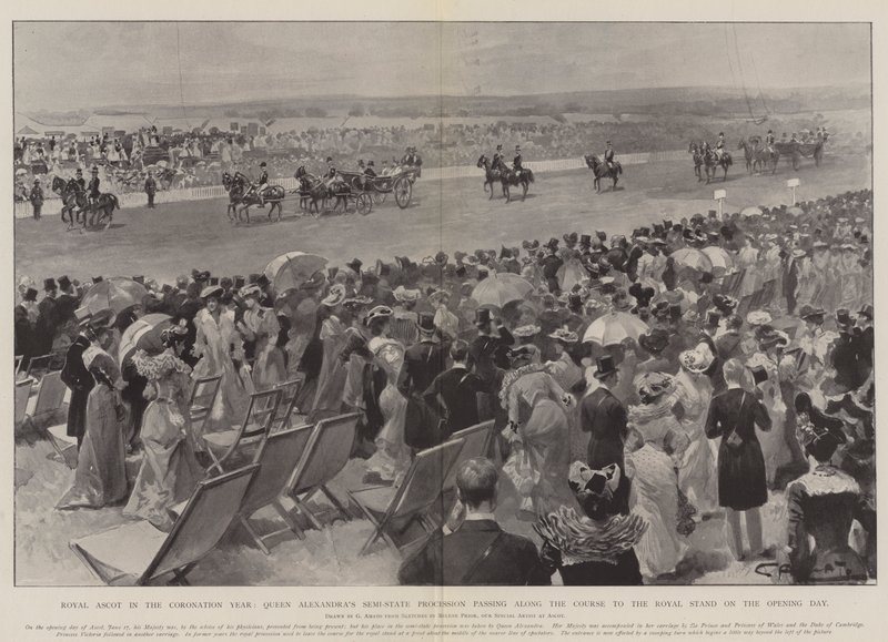 Royal Ascot v korunovačním roce, polostátní procesí královny Alexandry procházející podél hřiště ke Royal Stand v den otevření od G.S. Amato