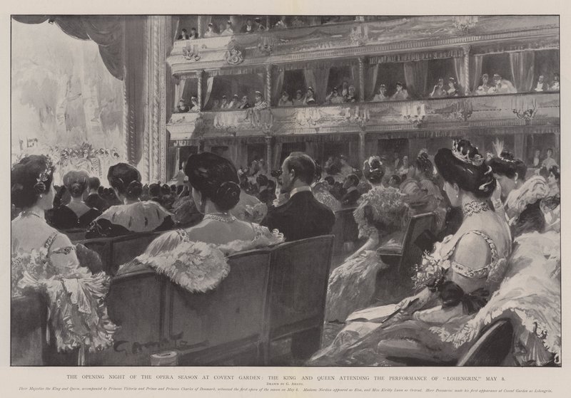 Zahajovací noc operní sezóny v Covent Garden, král a královna se účastní představení Lohengrin, 8. května od G.S. Amato