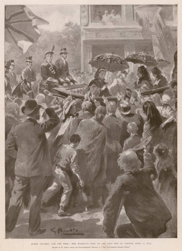 Královna Viktorie a chudí: královna na návštěvě londýnského East Endu, 2. dubna 1873 (hlubotisk) od G.S. (after) Amato