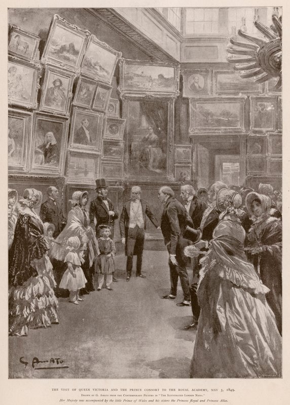 Návštěva královny Viktorie a Alberta, prince Consorta v Royal Academy, Londýn, 3. května 1849 (hlubotisk) od G.S. (after) Amato