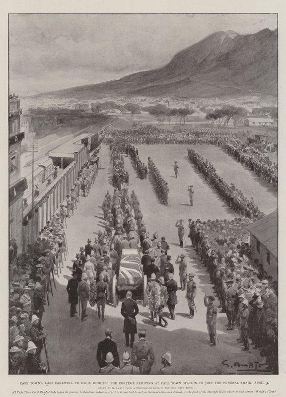Poslední rozloučení Kapského Města s Cecilem Rhodesem, Cortege přijíždějící na nádraží v Kapském Městě, aby se připojil k Funeral Train, 3. dubna od G.S. Amato