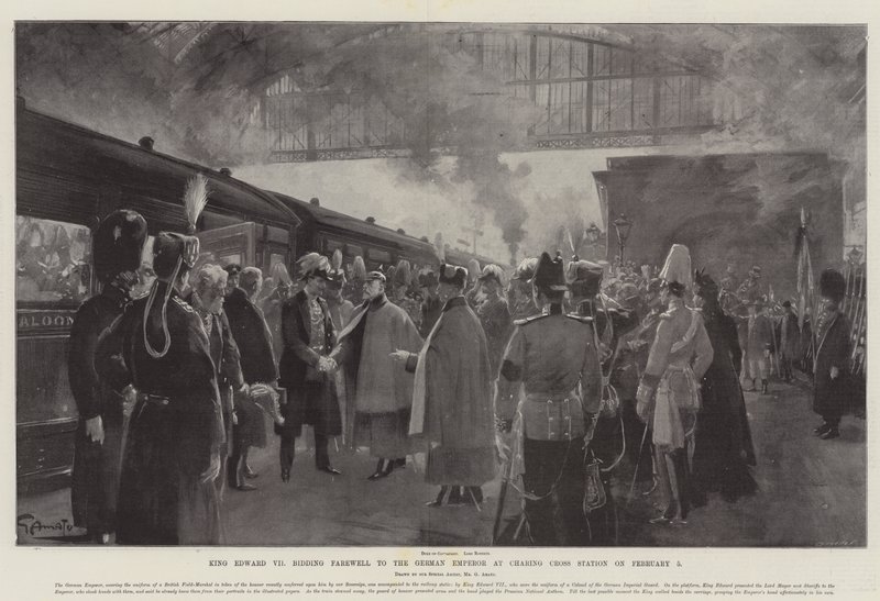 Král Edward VII se loučí s německým císařem na nádraží Charing Cross dne 5. února od G.S. Amato