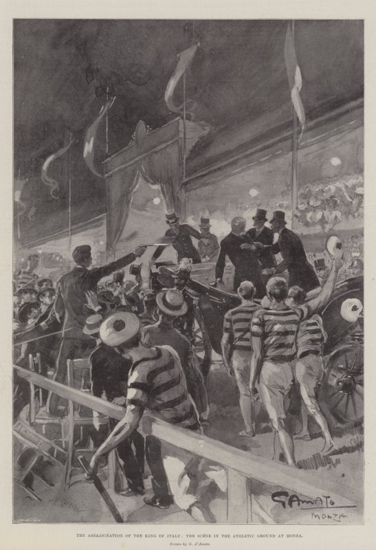 Atentát na italského krále, scéna na atletickém hřišti v Monze od G.S. Amato
