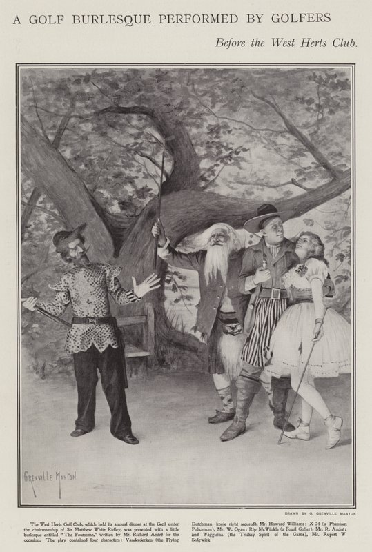 Golfová burleska v podání golfistů na výroční večeři West Herts Club (litho) od G. Grenville Manton