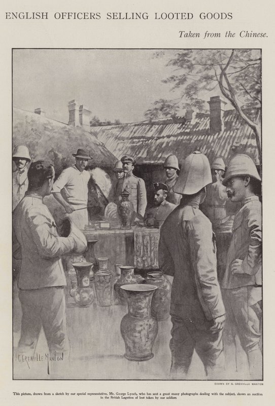 Angličtí důstojníci prodávající uloupené zboží odebrané Číňanům během povstání boxerů (litho) od G. Grenville Manton