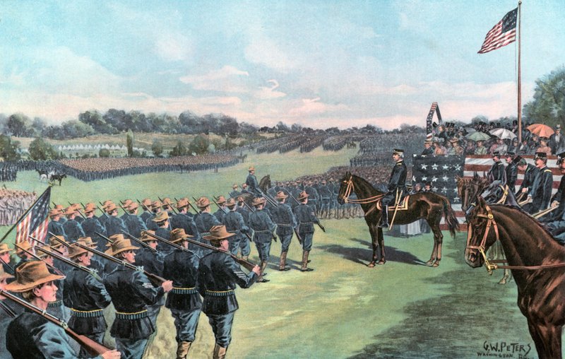 Prezident McKinley hodnotí dobrovolníky Spojených států v Camp Alger od G. W. Peters