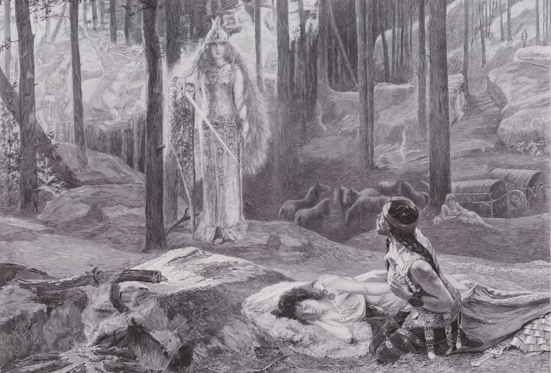 Zjevení (Brunnhilde objevuje Sieglinde a Siegmunda) (litho) od Gaston Bussiere