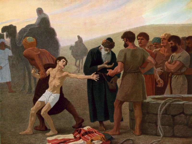 Joseph je prodán do otroctví svými žárlivými bratry, kolem roku 1940 (barva lito) od Gebhard Fugel